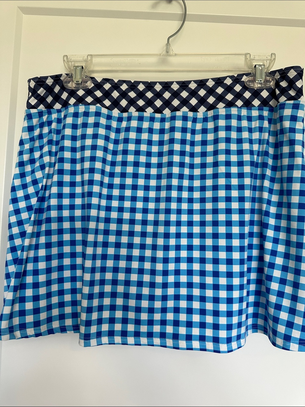 Lands' End Blue Gingham Skater Skirt with Black-and-White Waistband - Picture 3 of 9